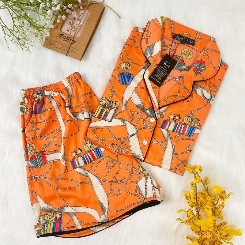 Đồ bộ Pyjama lụa, đồ mặc nhà nữ VILADY - B134 kiểu quần đùi tay cộc, họa tiết siêu dễ thương, chất liệu lụa Pháp ( lụa latin) - Màu cam