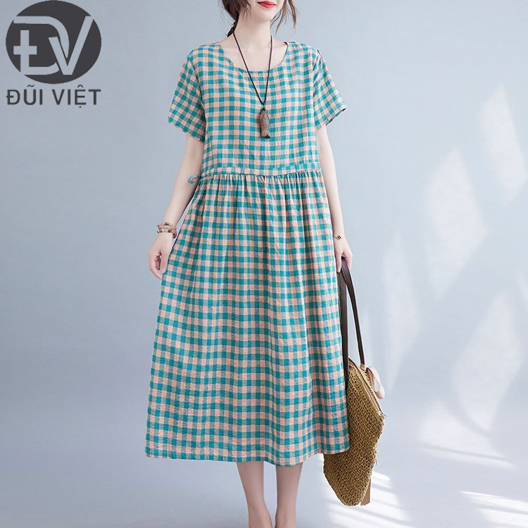 Váy đầm nữ caro dáng suông kèm dây rút eo phối cổ tròn ngắn tay Đũi Việt