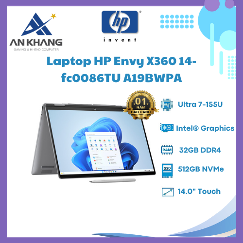 Laptop HP Envy X360 14-fc0086TU (A19BWPA) (Ultra7 155U/32GB RAM/512GB SSD/14 2.8K Cảm ứng/Bút/Win11/Bạc) - Hàng Chính Hãng