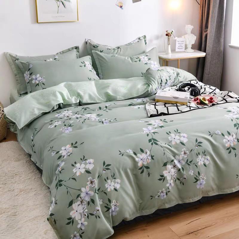 CHĂN GA GỐI POLY COTTON HOA DÂY XANH, SET CHĂN GA GỐI 5 MÓN -PP