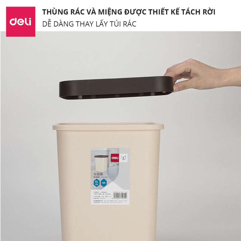 Thùng rác nhựa văn phòng vuông Deli - Dung tích 10l / 12l - Có nẹp giữ túi thông minh, nhựa pp dễ vệ sinh, không bám bẩn - 18820 / 18821