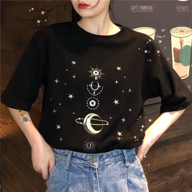 - ÁO THUN NGẮN TAY UNISEX THÊU VŨ TRỤ 3 MÀU TRẮNG - ĐEN - XANH NEON