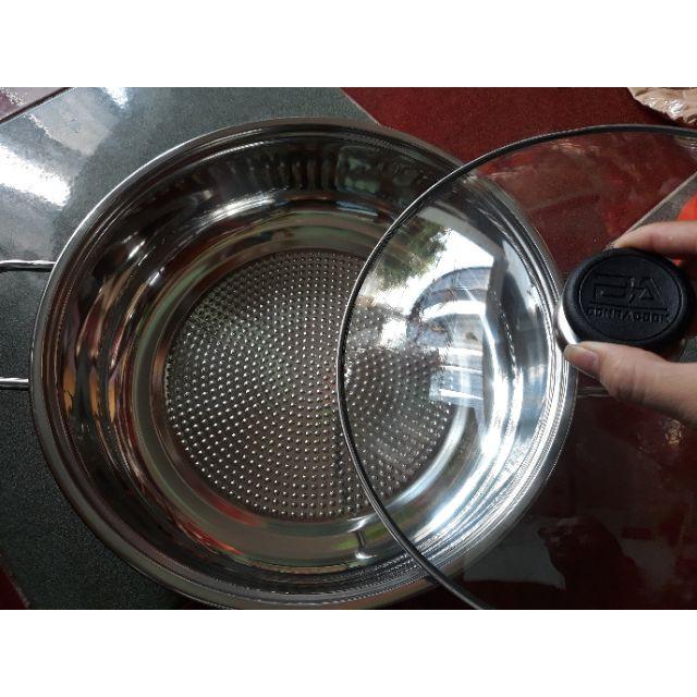 Xả kho giá bất chaaspo_Xoong ăn lẩu Đông Á dày xịn,inoc sáng.Vung kính. 28cm_Đáy sần chống khê
