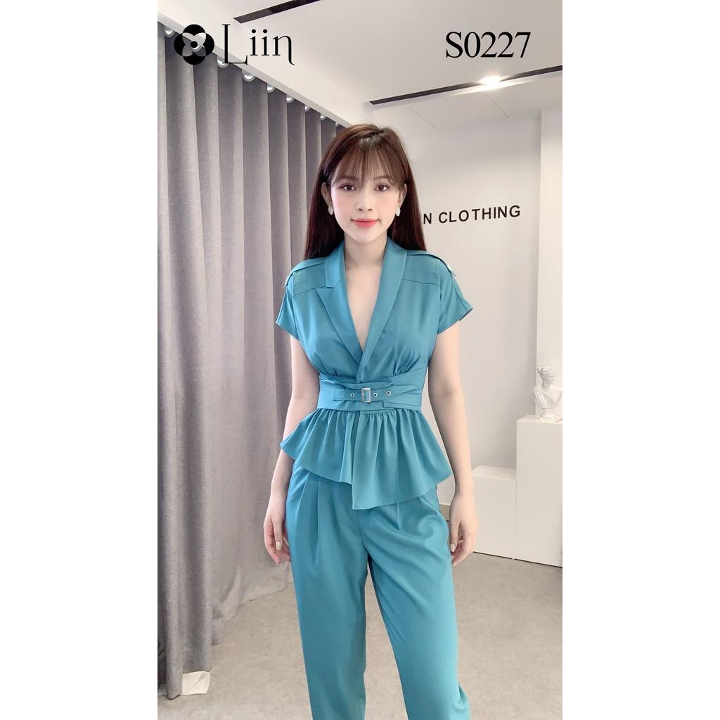 Set vest Xanh Cổ V bo eo kết hợp quần baggy suông phong cách cá tính LINBI S0227