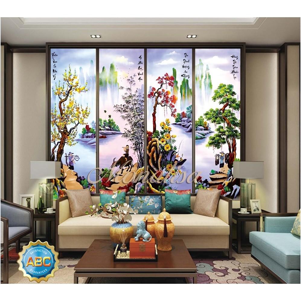 Tranh thêu 3D tứ quý tùng cúc trúc mai mn0122 (kích thước 146 x 100cm)