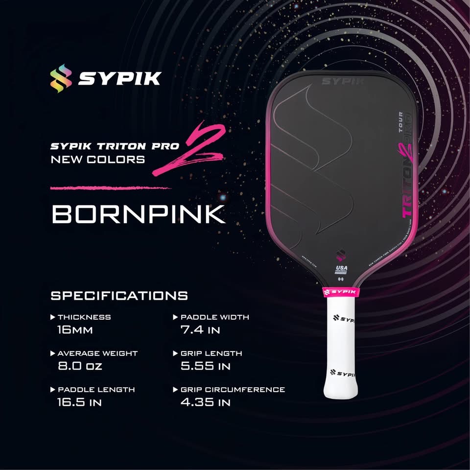 Vợt Pickleball Sypik Triton Pro Sport -2025, Tay cầm ergonomically, Chất liệu Cacbon T700, Trọng lượng 8oz Cán Vợt