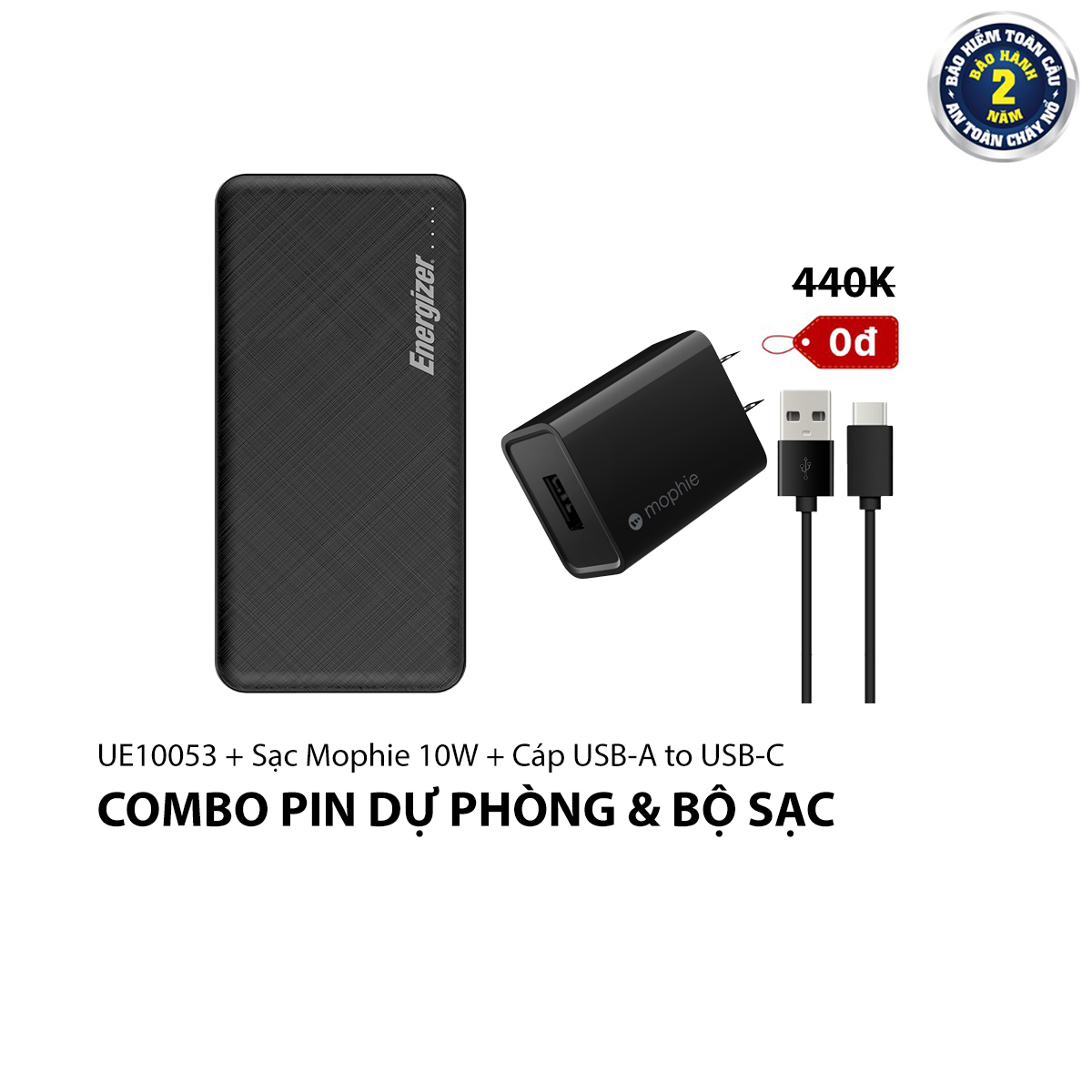 Combo Sạc dự phòng Energizer UE10053 + Sạc Mophie 10W + Cáp USB-C - HÀNG CHÍNH HÃNG