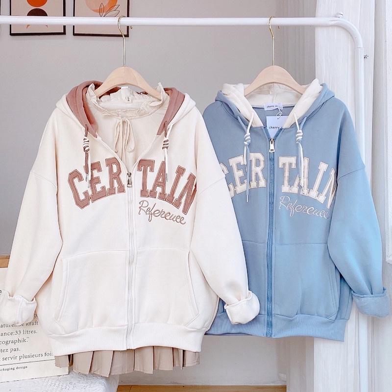 Áo Khoác Nỉ Khóa Zip Oversize in chữ CERTAINS - Hoodie dáng thụng form rộng dài tay, kiểu dáng basic, thiết kế trẻ trung