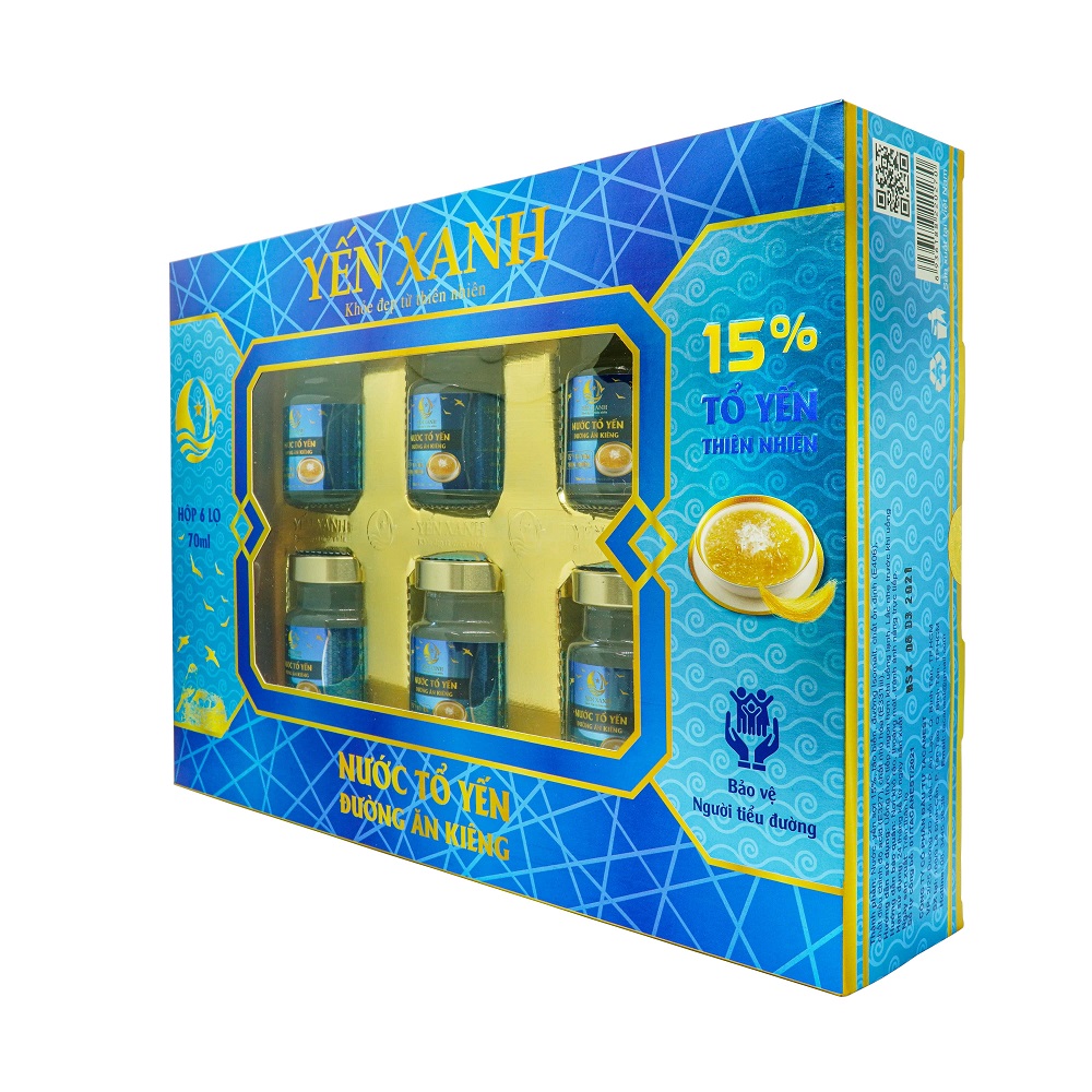 Nước tổ yến đường ăn kiêng - YẾN XANH - Hộp 6 lọ x 70ml tặng kèm túi, tốt cho người bị tiểu đường, người cần ăn kiêng
