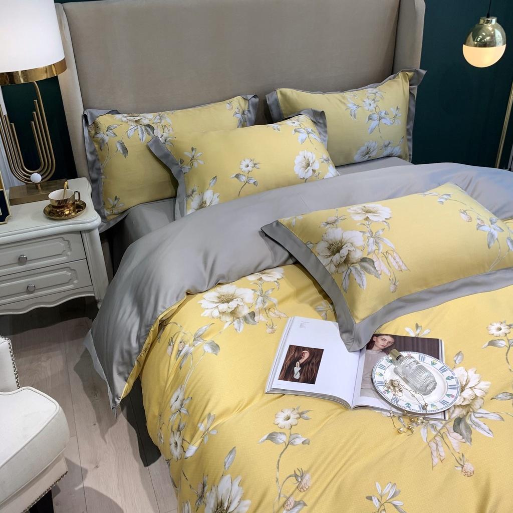 Bộ chăn ga gối Mẫu thiết kế mới Tencel 100S họa tiết Hoa lá cách điệu ,mềm mịn,sang trọng- LUX33