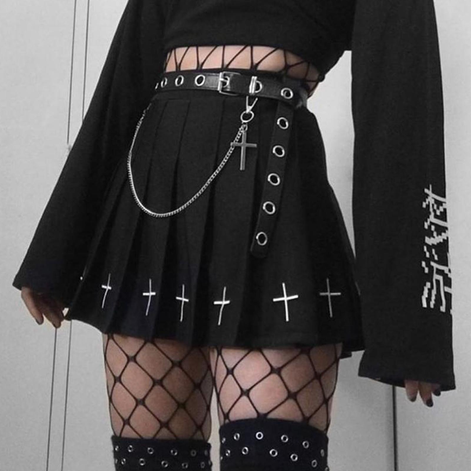 Girls Punk Cross Embroidery Skirts Pleated Women High Waist Mini Skirts Cross Female Black Skirts Cosplay Costumes Skirts