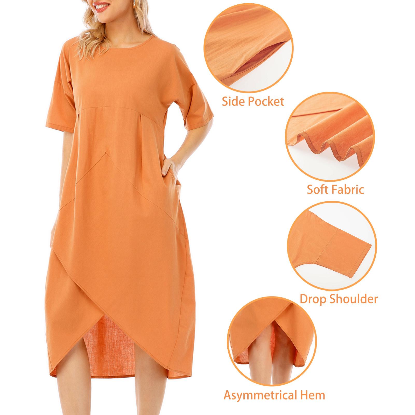 Fashion Women Dress O Neck Short Sleeve High Waist Asymmetrical Hem Pockets Casual Loose Dress