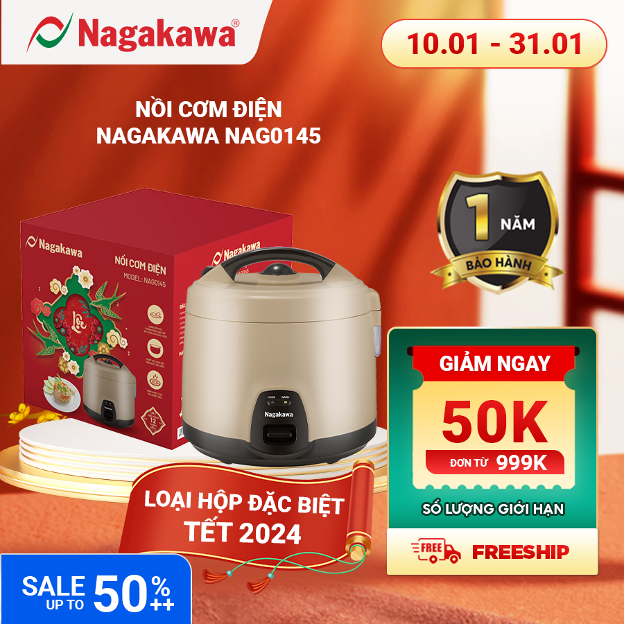 Nồi cơm điện cơ Nagakawa NAG0145 (1,8L - 900W) - Lòng nồi dạng niêu, hợp kim nhôm -  Bảo hành 1 năm - Hàng chính hãng