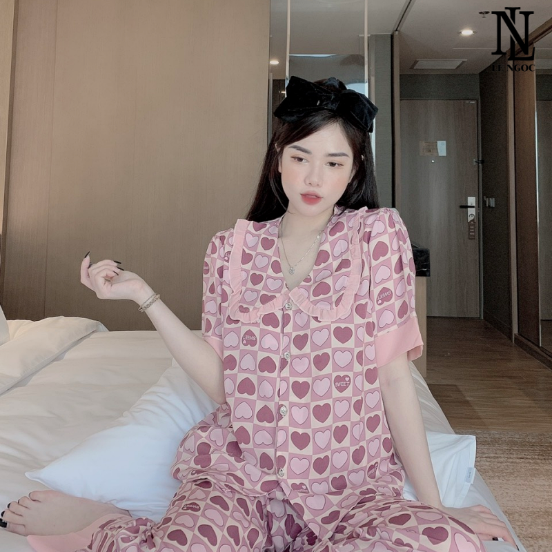 Bộ pijama cộc tay quần dài chất liệu lụa mango, bộ đồ ngủ nữ pyjama cổ bèo dễ thương DC22