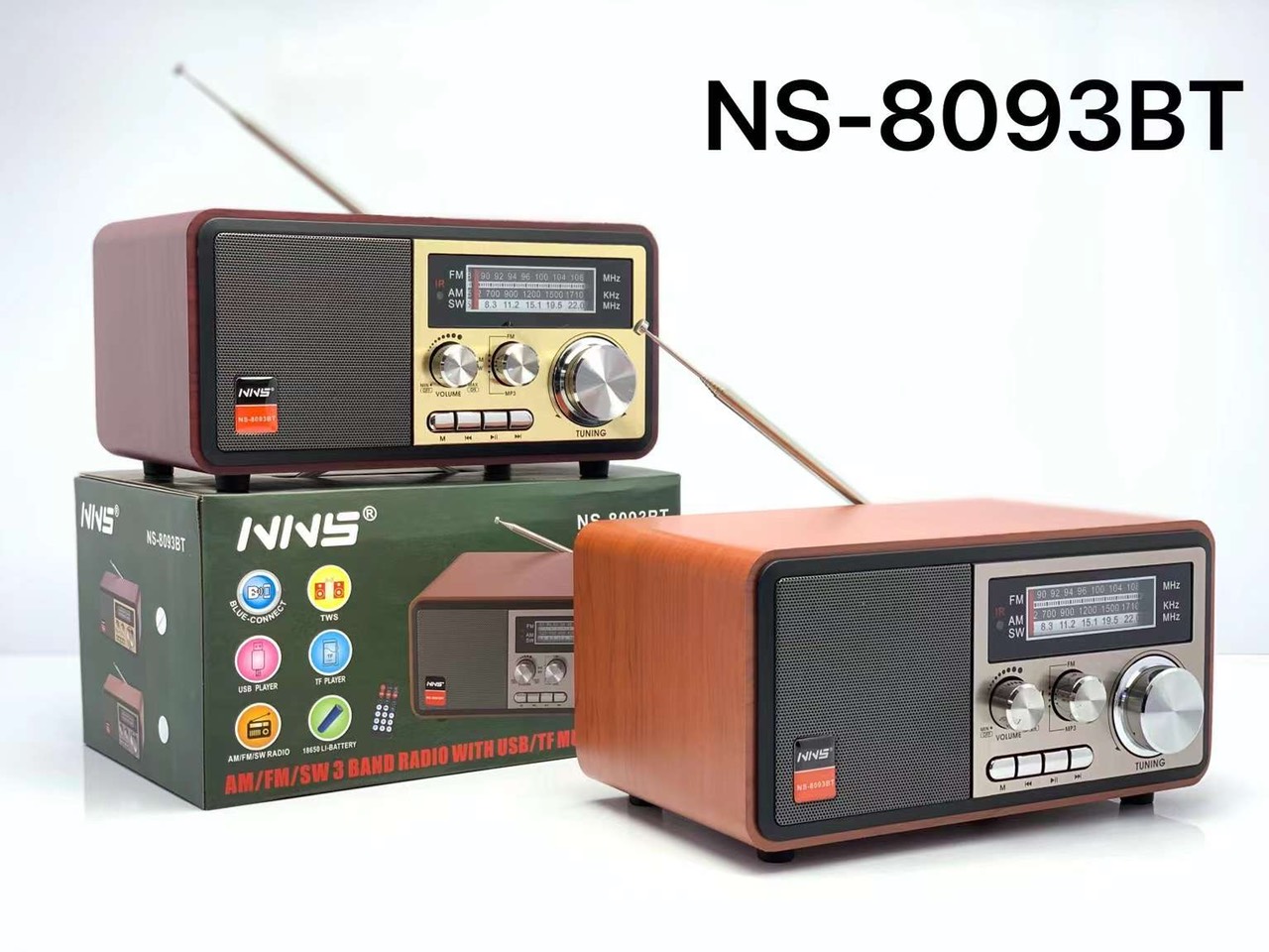 Đài Radio chất liệu gỗ bắt sóng khỏe, điều khiển từ xa, nghe nhạc Bluetooth, USB, điện 220V NNS 8093BT-Hàng Chính Hãng