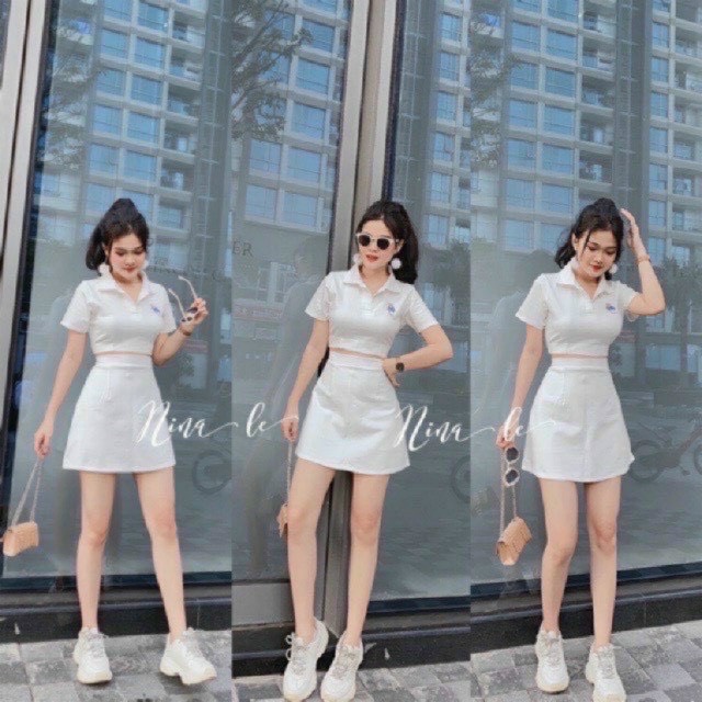 Set Bộ Váy Chữ A Kèm Áo Croptop Có Cổ