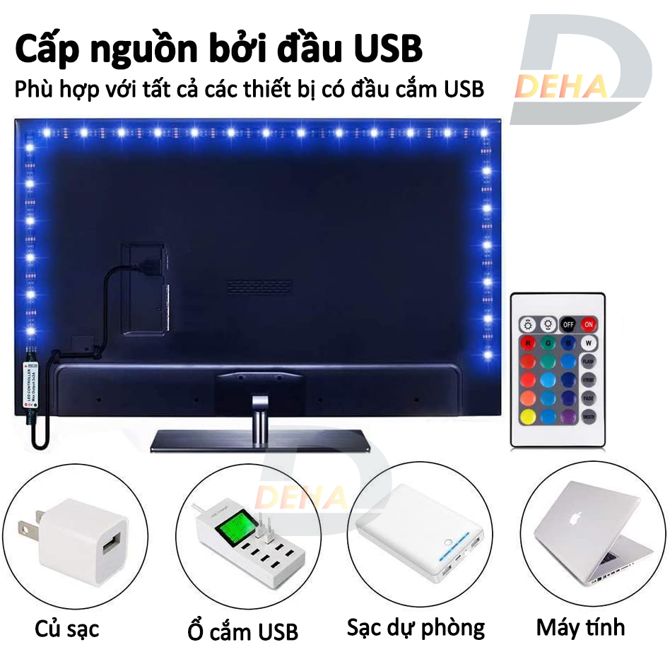 Bộ Đèn led dây dán nguồn USB RGB đổi màu điều khiển chọn màu đứng yên, nhấp nháy, bóng 5050 strip light trang trí cây máy tính, màn hình, ti vi, TV, Gaming, Tiktok dán tường (Tùy chọn chiều dài dây, loại dây chống nước hay không)