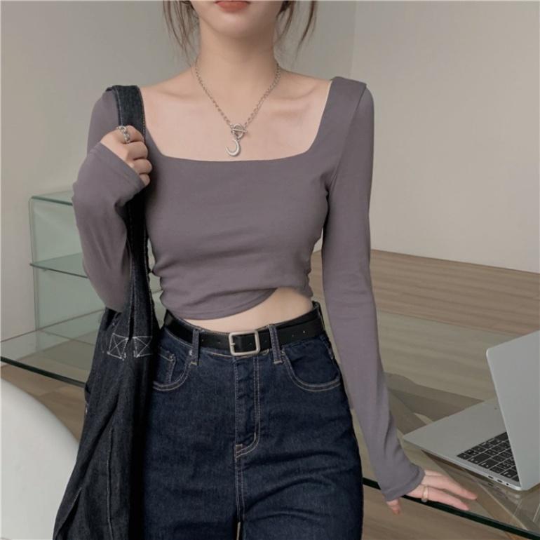 Áo croptop nữ ôm body cổ vuông tay dài, Croptop Nữ trơn màu dài tay cổ vuông, Áo crt nữ siêu ôm dáng-ACTDT01