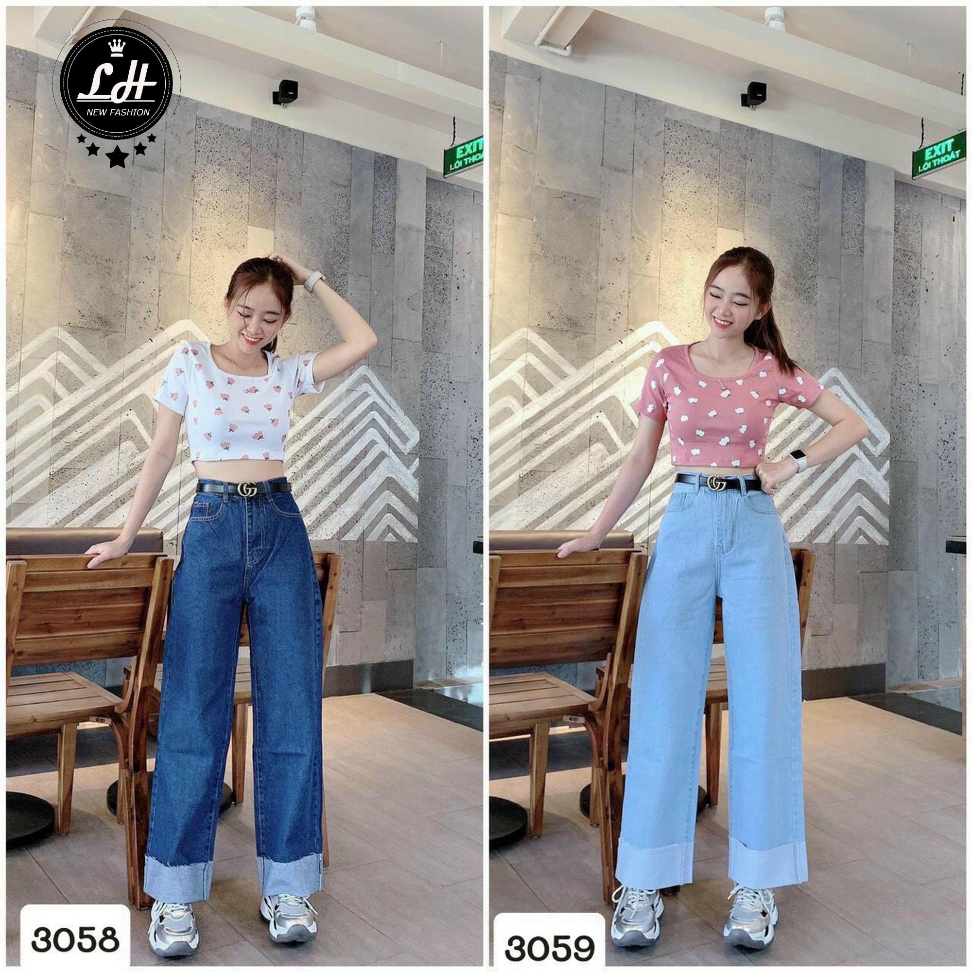 Quần bò nữ gấp gấu - quần jeans ống rộng Lê Huy Fashion kiểu gập lai trơn 1 cút MS 3058