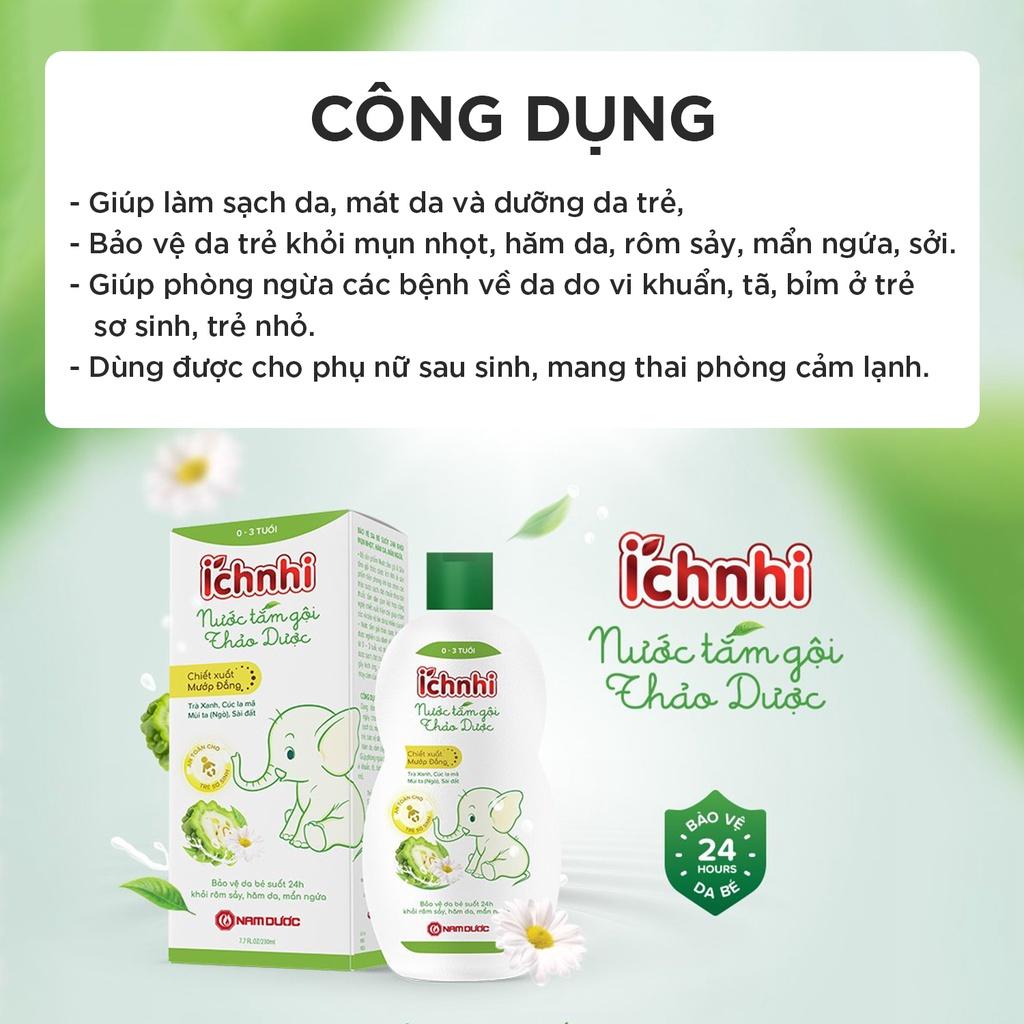 Nước tắm gội thảo dược Ích Nhi lọ 230ml (0-3 tuổi) bảo vệ bé suốt 24h ngừa rôm sảy, hăm da, mẩn ngứa