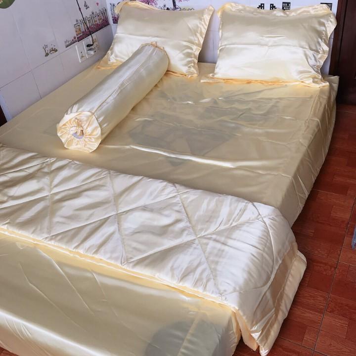 Bộ 5 Món Chăn Trần Bông Ga Gối Phi Lụa Lan Pham Bedding Mát Mịn - Vàng Kem