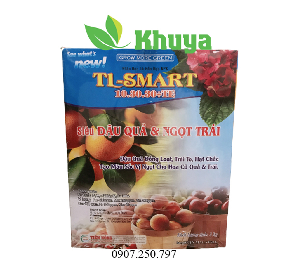 Phân bón lá hỗn hợp NPK TL Smart 10-30-30 + TE Siêu Đậu Quả và Ngọt Trái 1kg