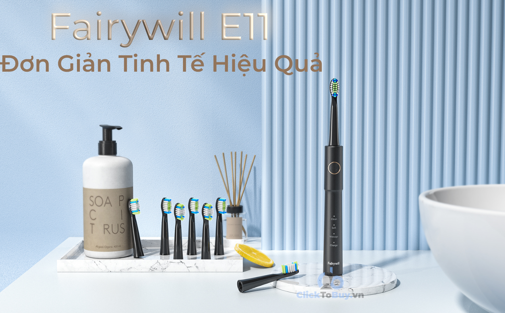 Bàn chải đánh răng Fairywill E11. Phiên bản bàn chải quốc dân với 8 đầu bàn chải tặng kèm