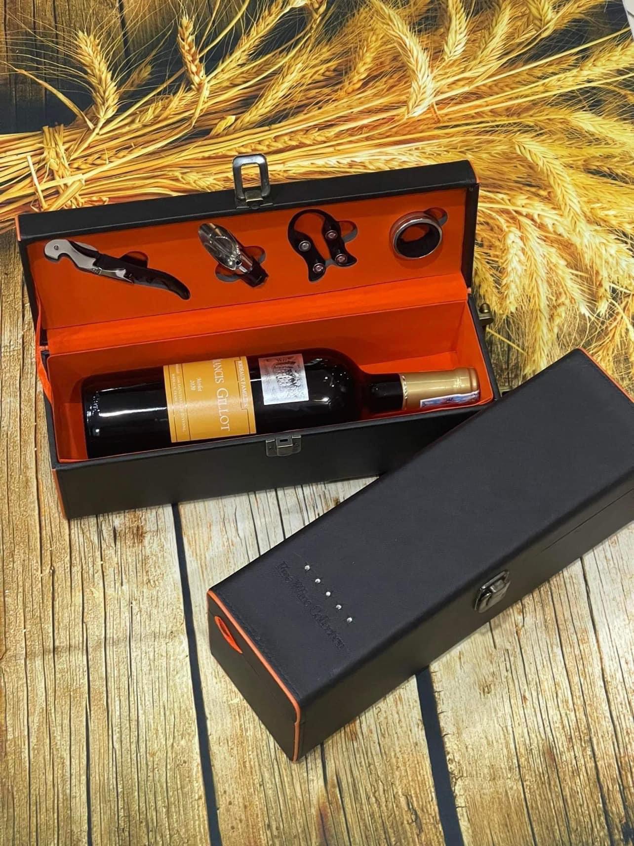 Hộp da đựng 1 chai rượu vang viền cam
