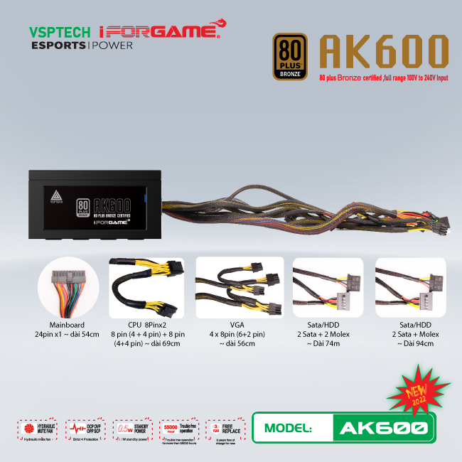 Bộ nguồn máy tính VSPTECH IFORGAME AK600 80PLUS BRONZE- Hàng chính hãng