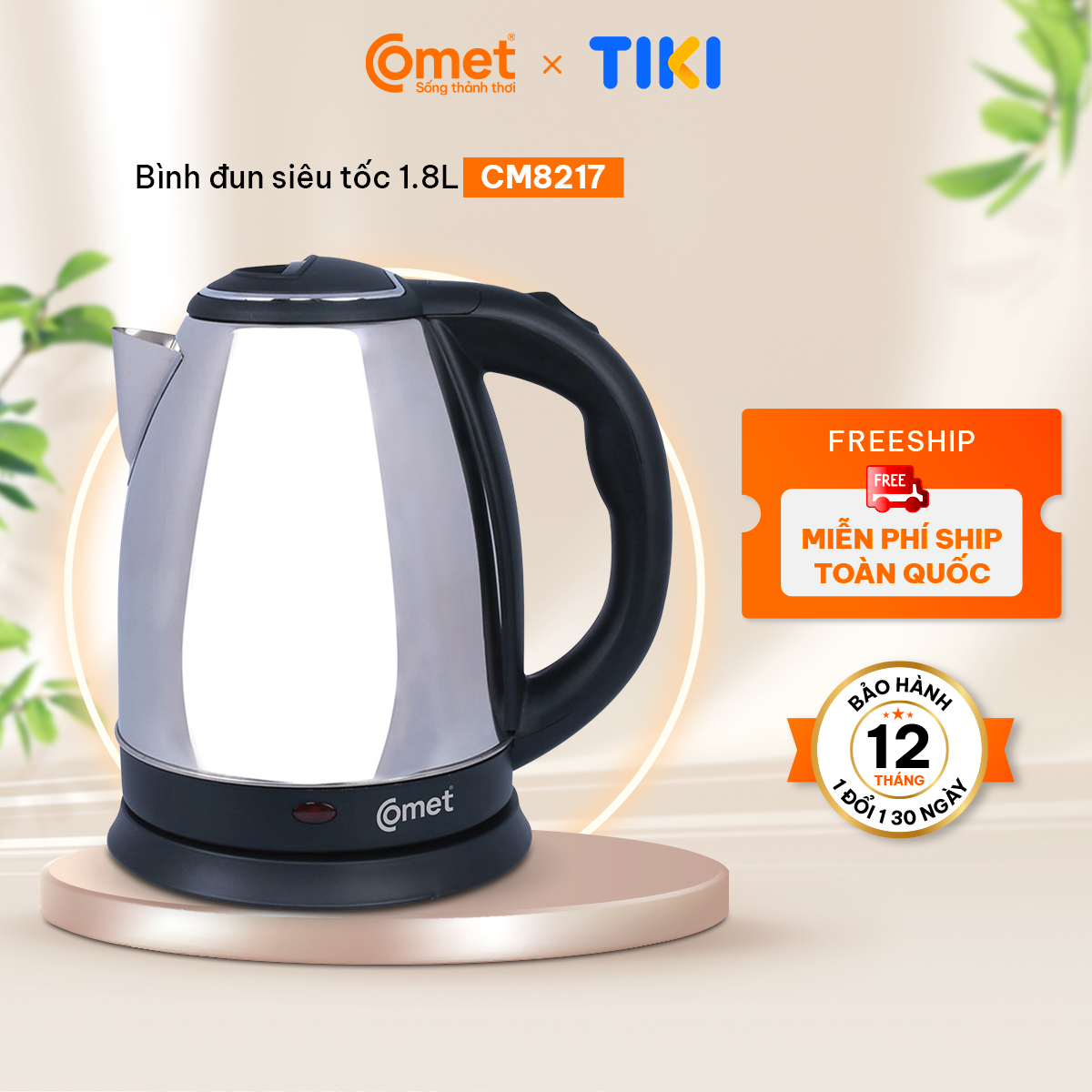 Bình đun siêu tốc Comet CM8217 – Hàng chính hãng -  Dung tích 1.8L, công suất 1500W, Inox 304 chống bỏng – Tự ngắt an toàn, thiết kế sang trọng