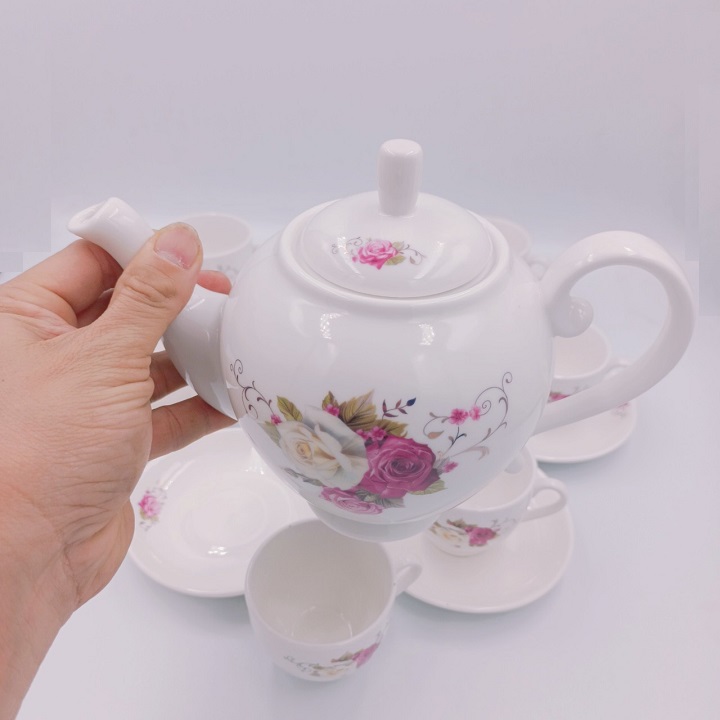 Bộ Ấm Chén Men Ngà Pha Trà Hoa Hồng Tuyệt Đẹp