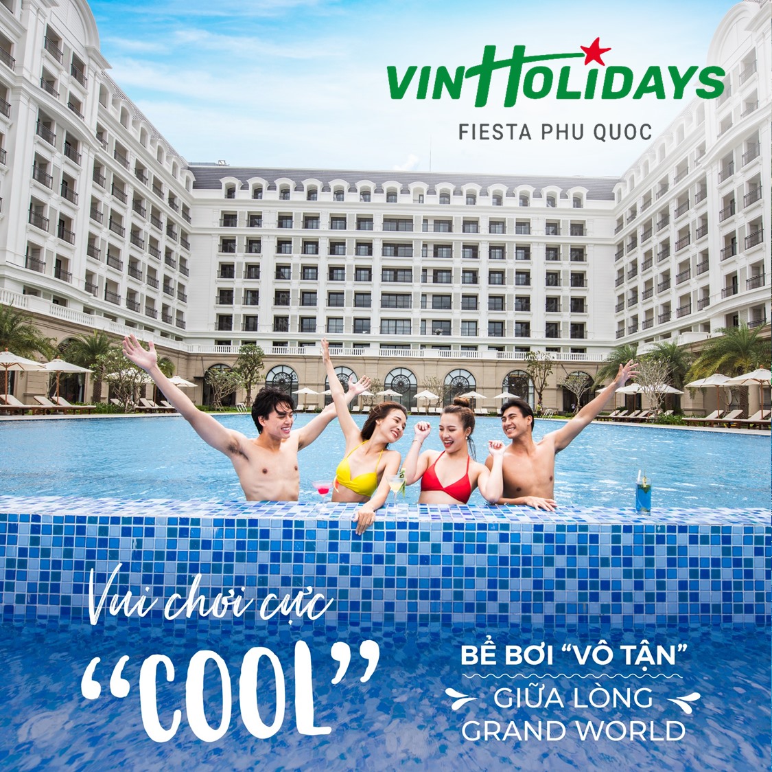 Combo 3N2Đ Vinpearl VinHolidays Fiesta Hotel 4* Phú Quốc - Vé VinWonders, Vé Safari, Bữa Sáng Cho 02 Người, Ngay Grand World, Gần Biển