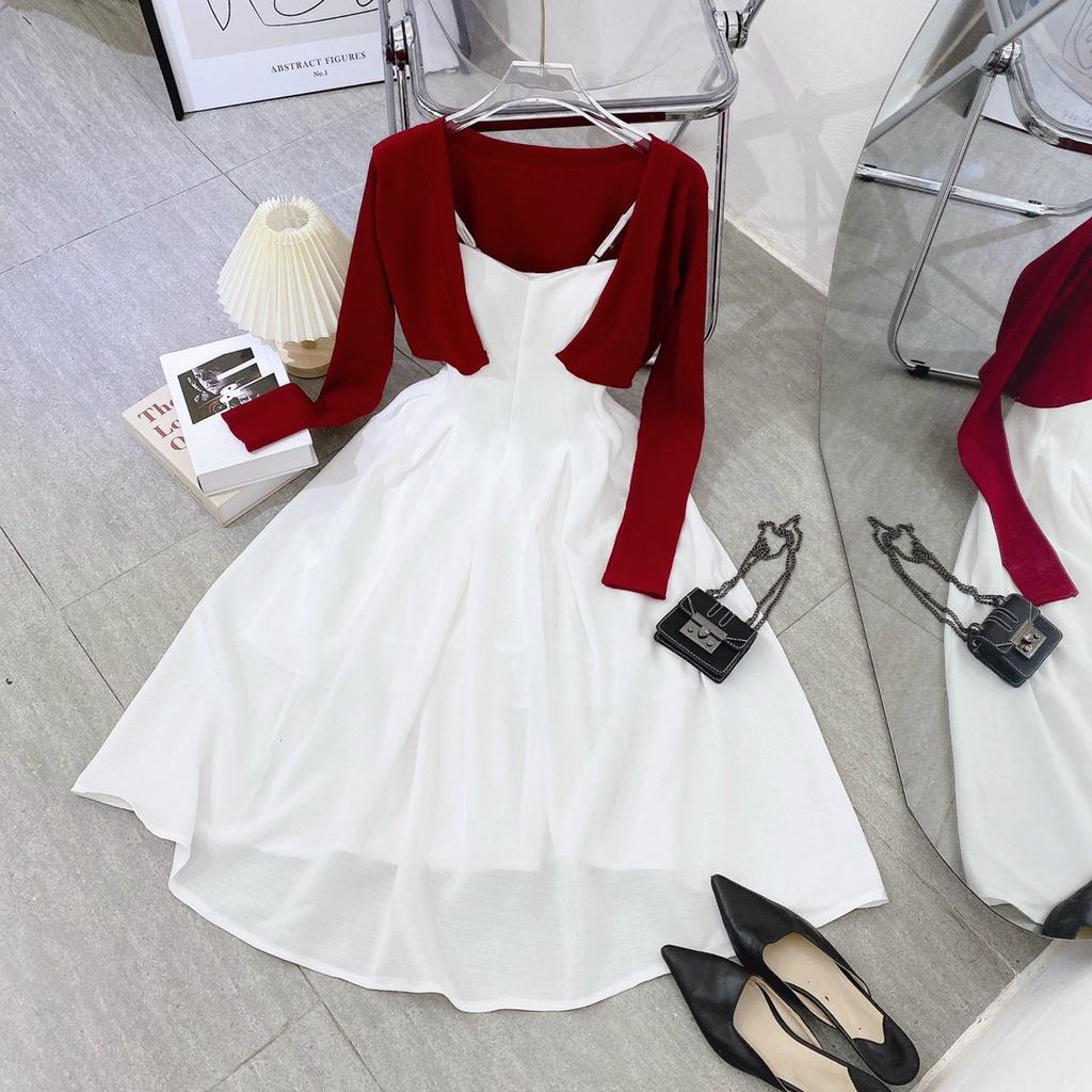 Set đầm midi 2 dây trắng xòe phồng kèm áo khoác croptop đỏ dài tay dự tiệc chơi noel du xuân đón tết Thảo xinh shop