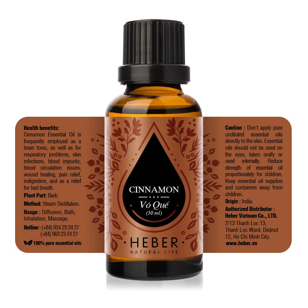 Tinh Dầu Vỏ Quế Cinnamon Essential Oil Heber | 100% Thiên Nhiên Nguyên Chất Cao Cấp | Nhập Khẩu Từ Ấn Độ | Kiểm Nghiệm Quatest 3 | Xông Thơm Phòng | Hương Dịu Nhẹ