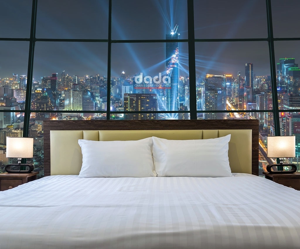 Bộ Chăn Ga Gối Đầy Đủ Khách Sạn 5 Sao Hàng Chuẩn - 80%Cotton Premium T300 Mềm Mịn Mát- Trắng & Trắng Kẻ Sọc Khách Sạn Sang Trọng - Độc Quyền