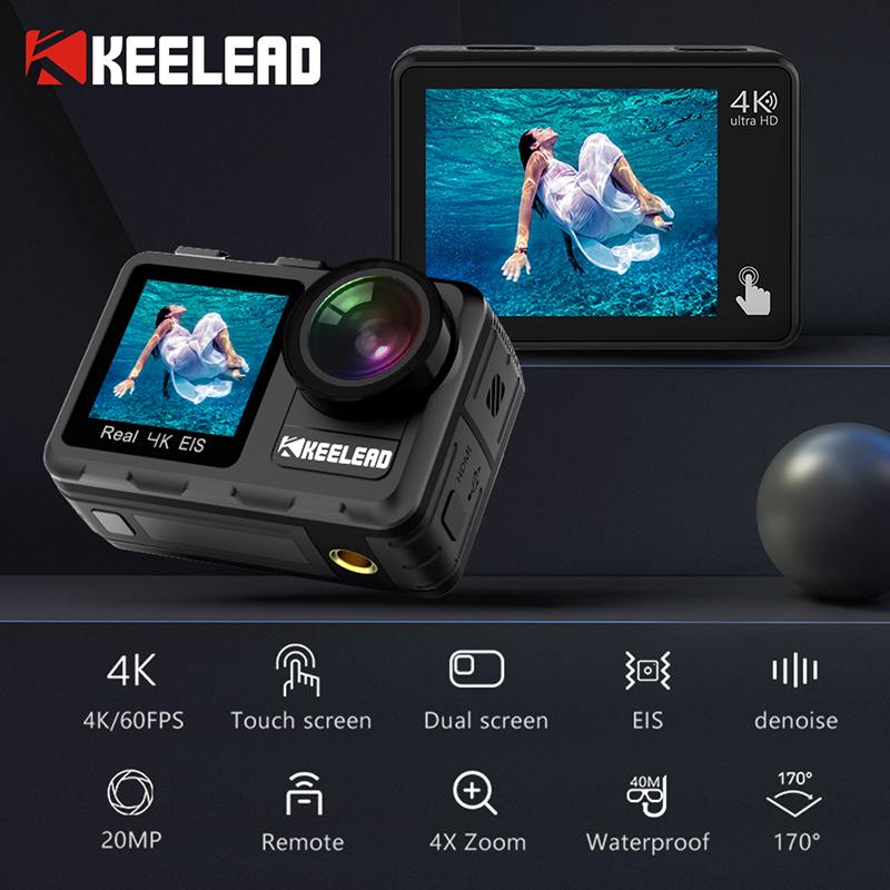 Camera hành động KEELEAD K80 4K 60FPS 20MP 2.0 LCD cảm ứng EIS Màn hình kép WiFi Thân máy 5m Chống nước Điều khiển từ xa Zoom 4X Cam thể thao