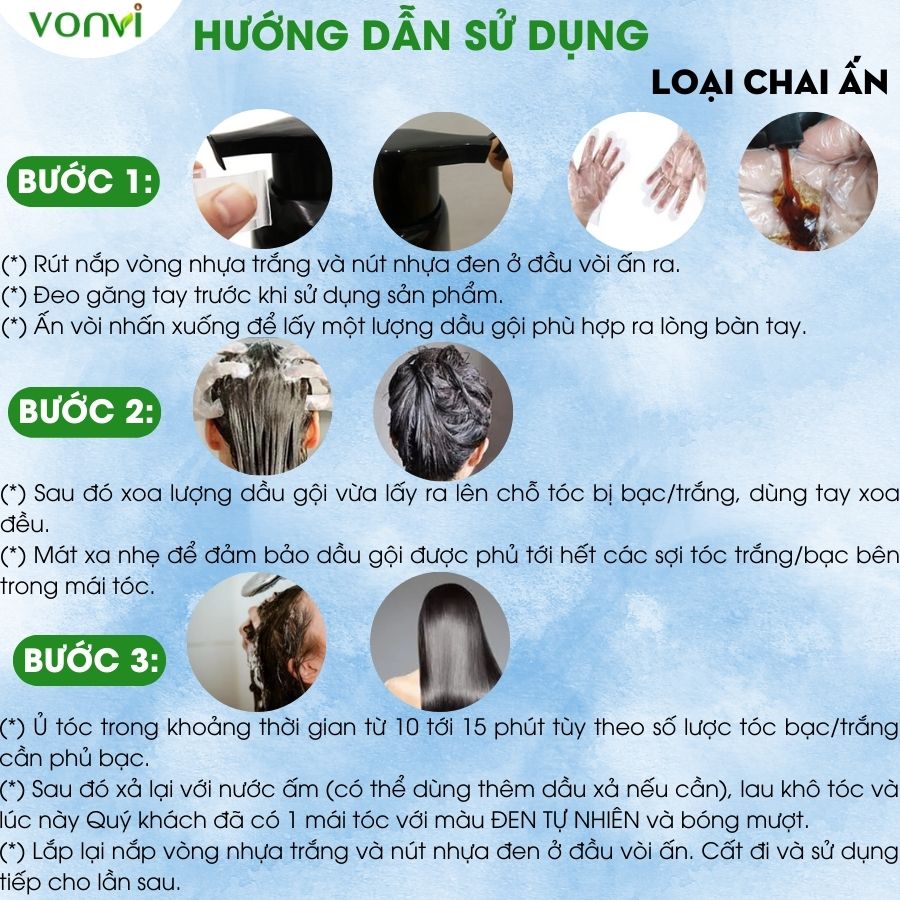 Thuốc nhuộm tóc VONVI làm đen tóc tự nhiên sau 10 phút với thiết kế dạng chai ấn 200 ml