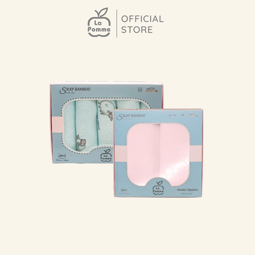 Combo 2 K001 Set 5 Khăn sữa (30x30cm) Blue Sheep + K002 Set 2 Khăn đa năng sợi tre lụa La Pomme (75x75cm) - Hồng Pastel