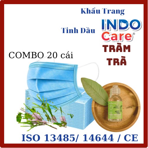 [ComBo Du Lịch 20] cái Khẩu Trang Tinh Dầu Tràm Trà Chống Say Tàu Xe - Khử Mùi Hơi Thở INDO CARE / Kháng Khuẩn 99% 4 lớp + Chai Nước Rửa Tay Khô chiết xuất Lá Ổi 100ml