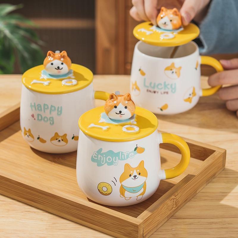 Cốc Gốm Sứ Vẽ Tay Chú Chó Corgi, Shiba Inu Cute Dễ Thương 400ml Có Nắp Và Thìa