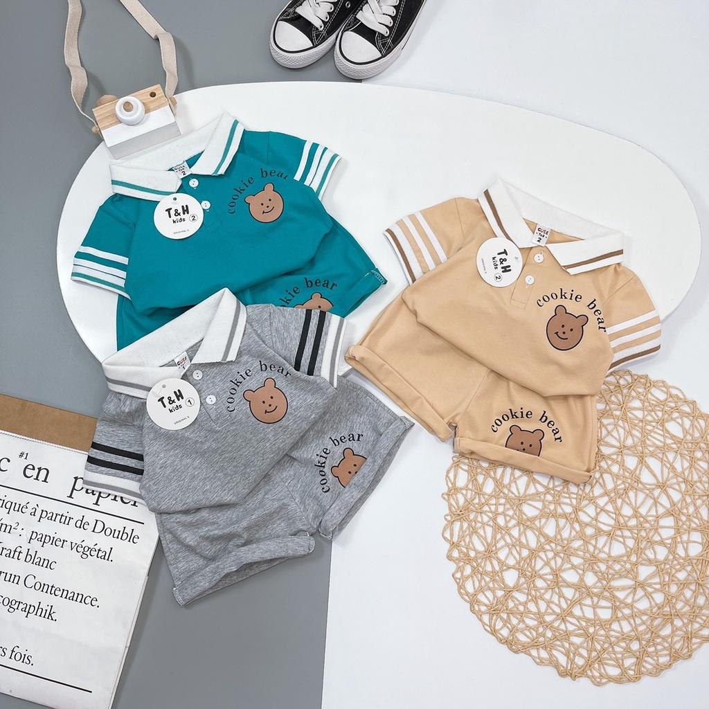 Bộ quần áo bé trai, Set Áo Thun Polo classic ngắn tay và Quần đùi logo gấu, bộ cotton mùa hè cho bé từ 7 đến 20 kg