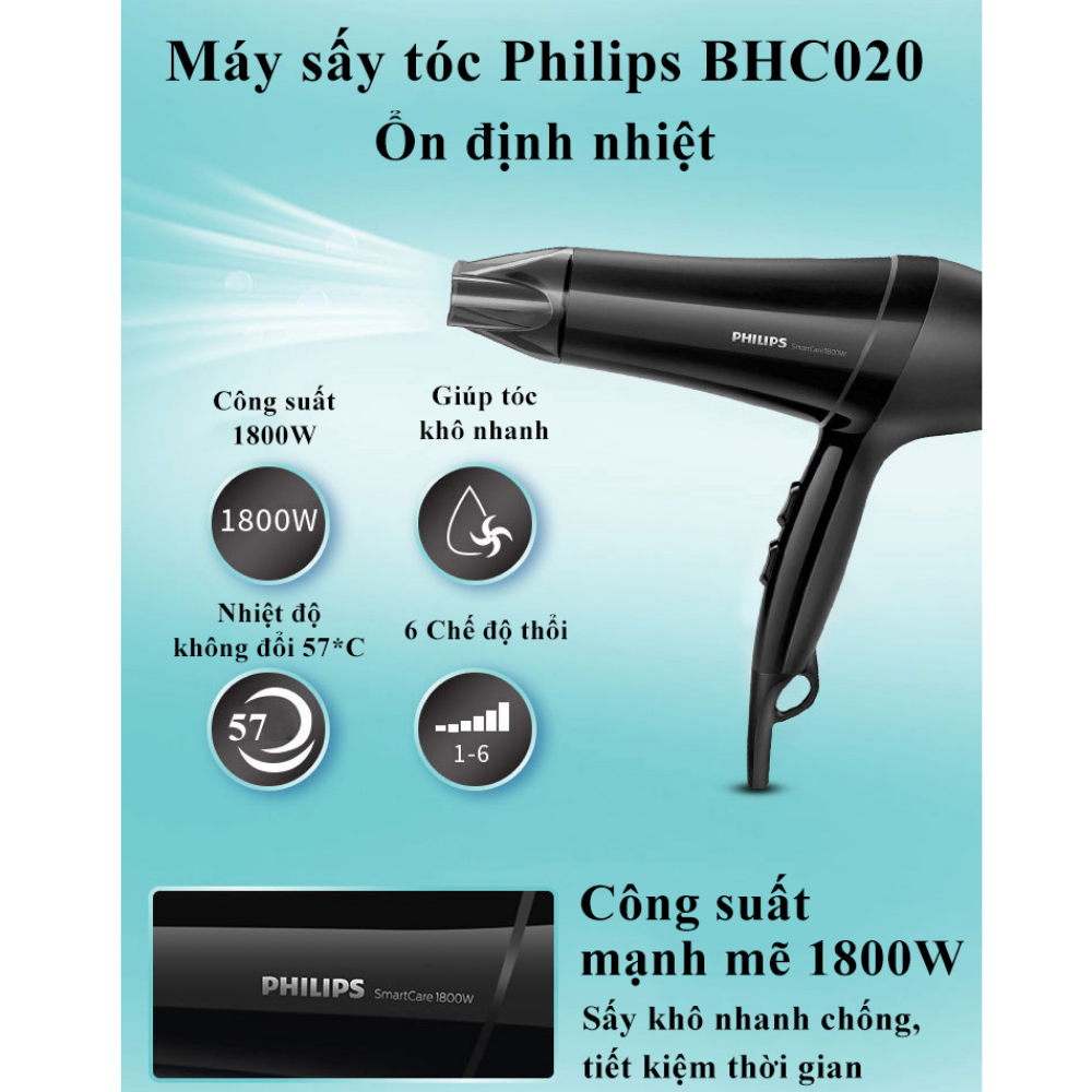 Máy sấy tóc Philips 2 chiều nóng lạnh BHC020 công suất lớn 1800W - Hàng nhập khẩu