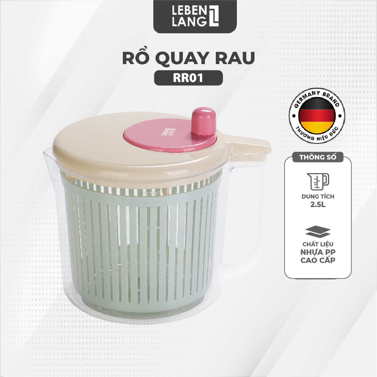 Rổ quay rau Lebenlang RR01, rổ quay rau củ quả 2.5L, rổ rửa rau đa năng nhựa pp cao cấp - hàng chính hãng
