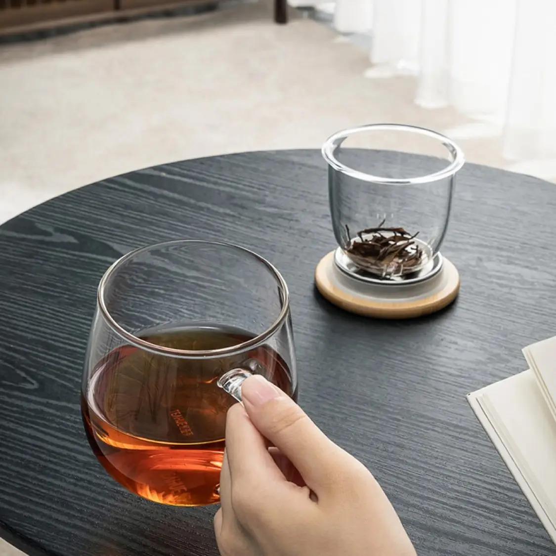 Ly lọc trà thủy tinh chịu nhiệt lõi thủy tinh nắp gỗ S027A 380ml