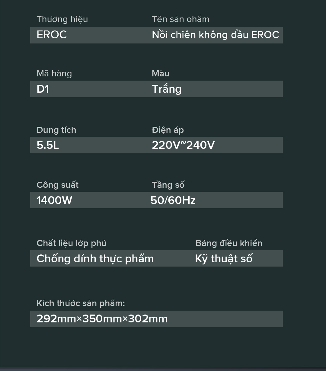 Nồi Chiên Không Dầu Điện Tử Eroc V-D1 Chống Dính 5.5L Màn Hình Cảm Ứng Chạm - Hàng Chính Hãng