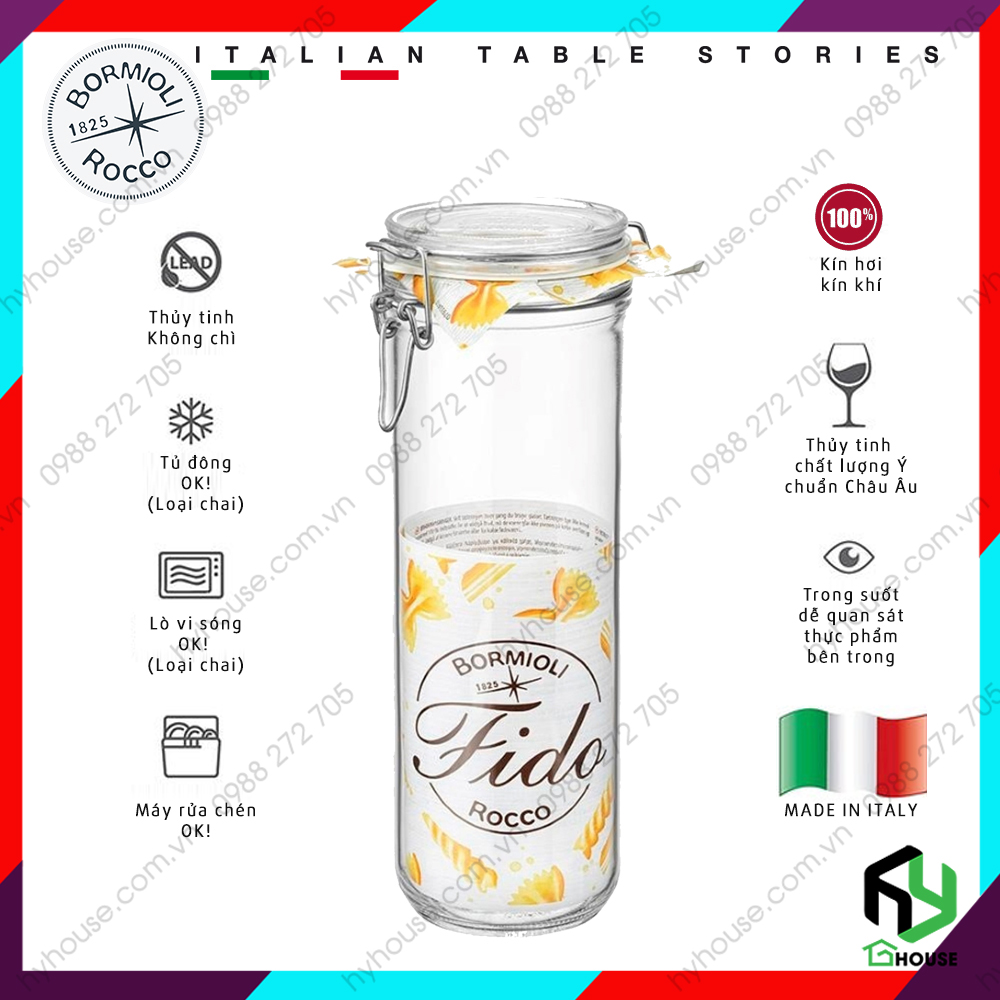 Hũ thủy tinh nắp cài FIDO thân cao 1360ml đựng mì ý, ngũ cốc, đồ khô, đựng hạt - Bormioli Rocco