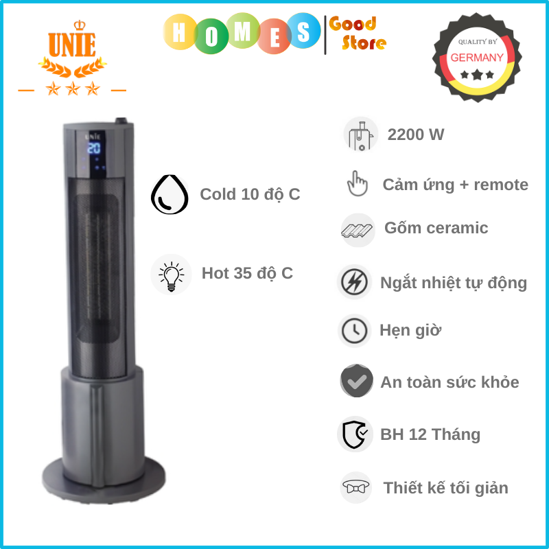 Máy Sưởi Gốm Nóng Lạnh Đa Năng Tiêu Chuẩn Đức 10 Độ Tới 35 Độ UNIE UE-129 Cảm Ứng Và Remote Công Suất 2200W- Hàng Chính Hãng