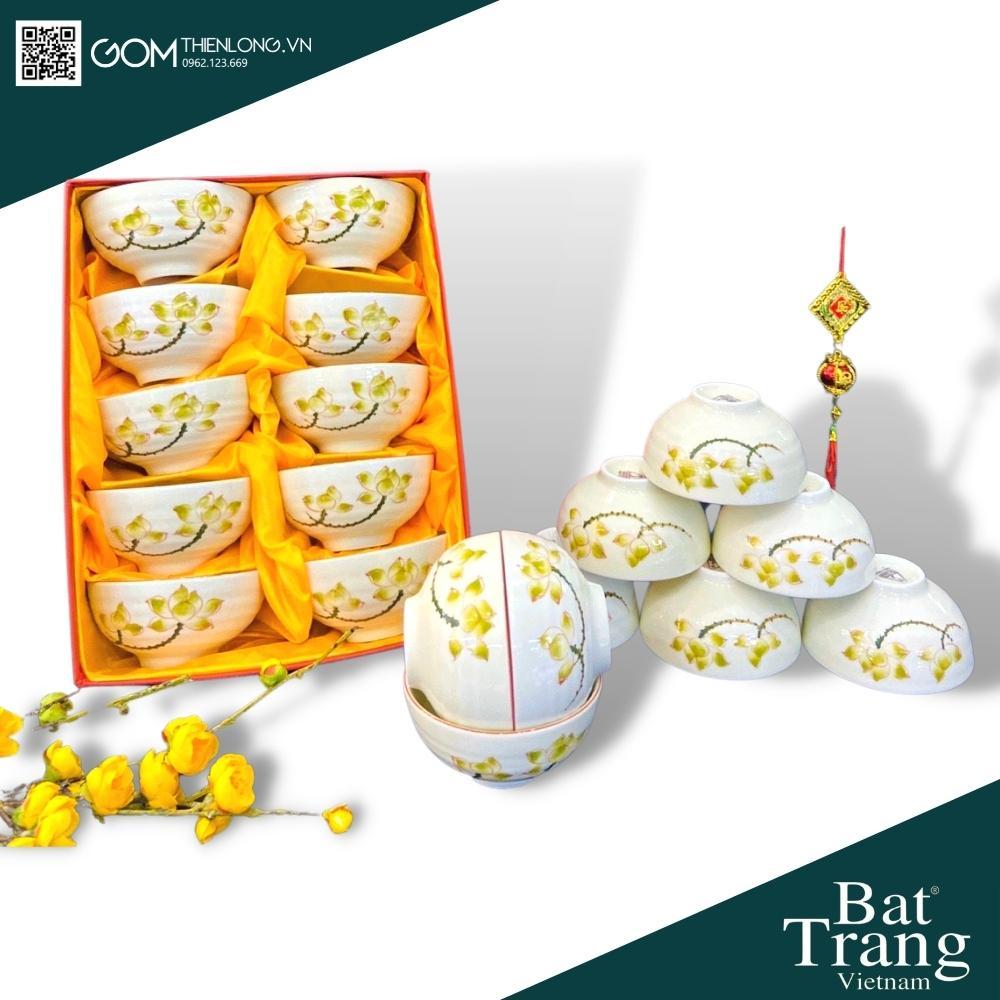 Bát Đĩa Quà Tặng Cao Cấp Sen Vàng - Bộ Bát Đĩa Bát Tràng Chính Hãng Loại 1 - Gốm Thiên Long