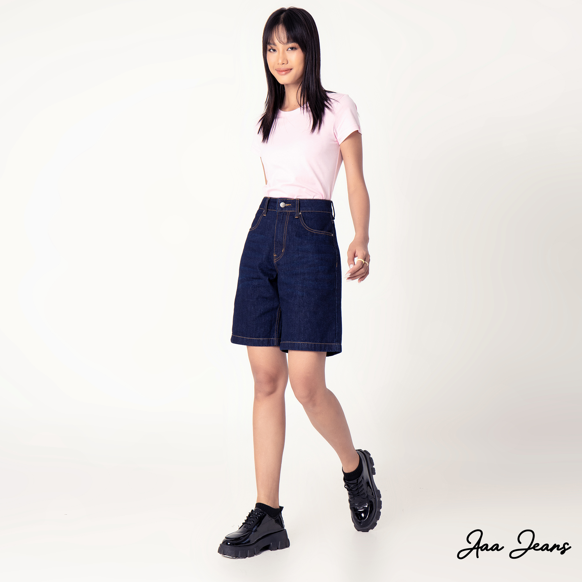 Quần short jean nữ lưng cao ngang gối Aaa Jeans Dark Blue