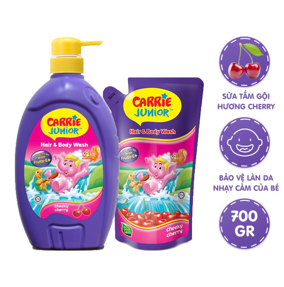 Combo Sữa Tắm Gội Toàn Thân Cho Bé Carrie Junior Hương Cherry chai 700g +Túi 500g